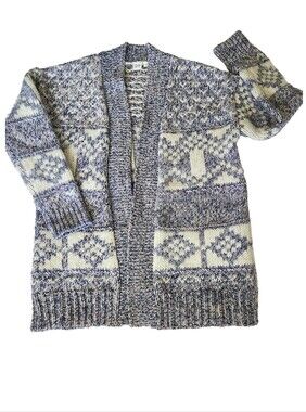 Fair Isle Chunky Knitted Cardigan Cream Purple Violet Fits Size XS S SM